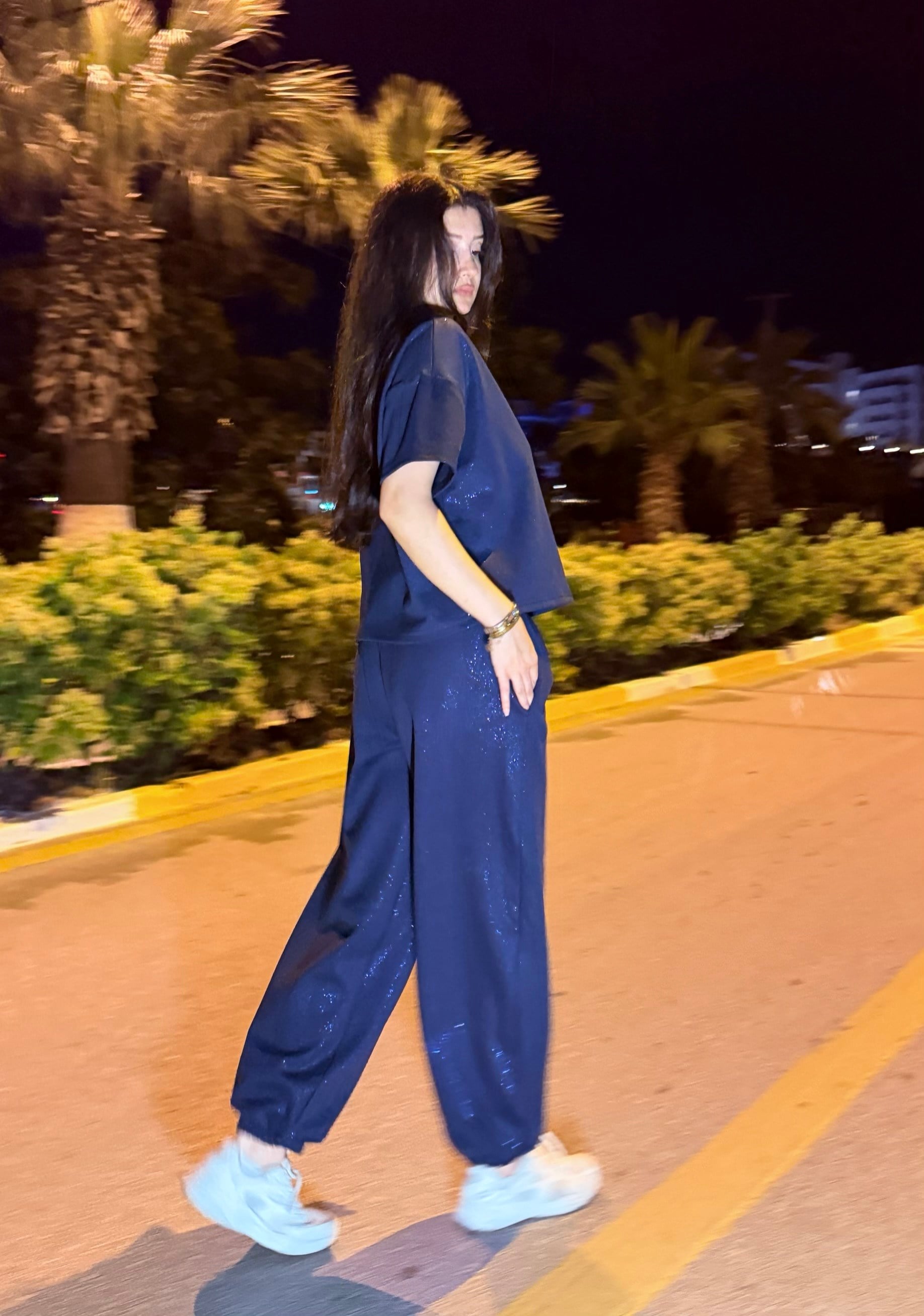 Simli İndigo Paça Lastikli Oversize Eşofman