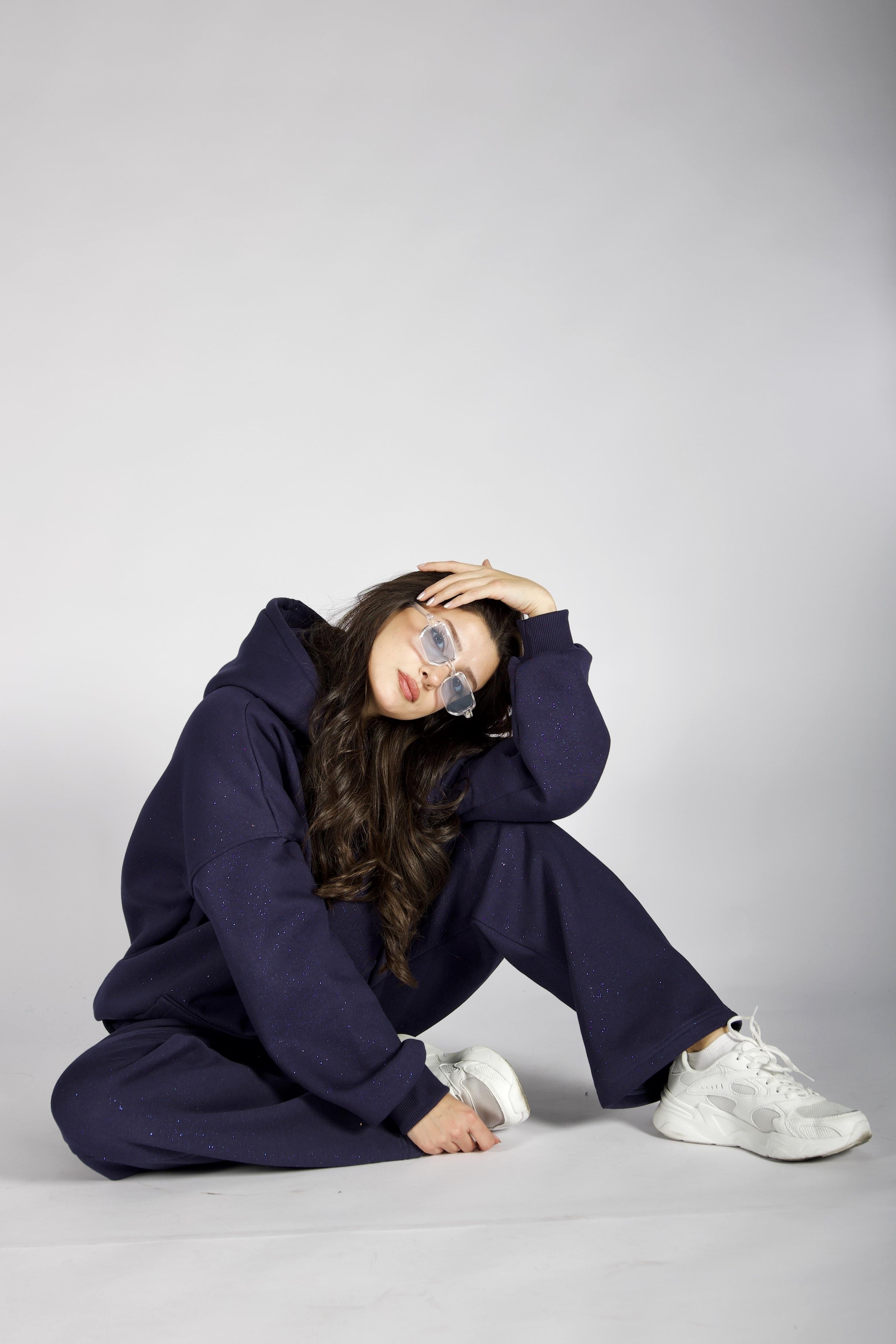 Simli İndigo Mavi Sweatshirt