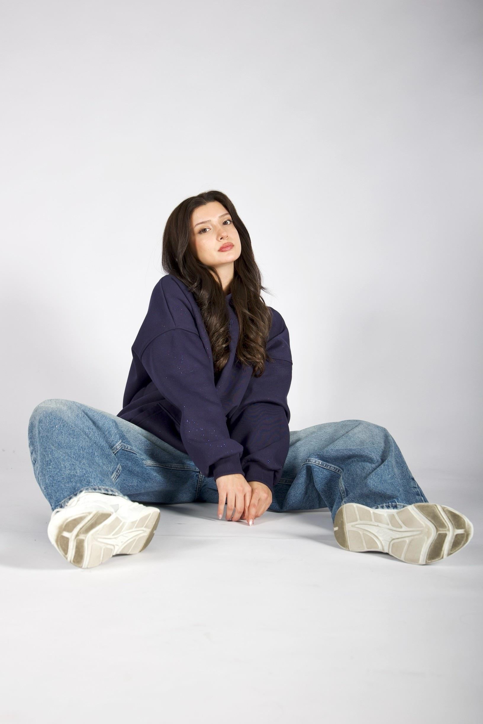 Simli İndigo Mavi Sweatshirt