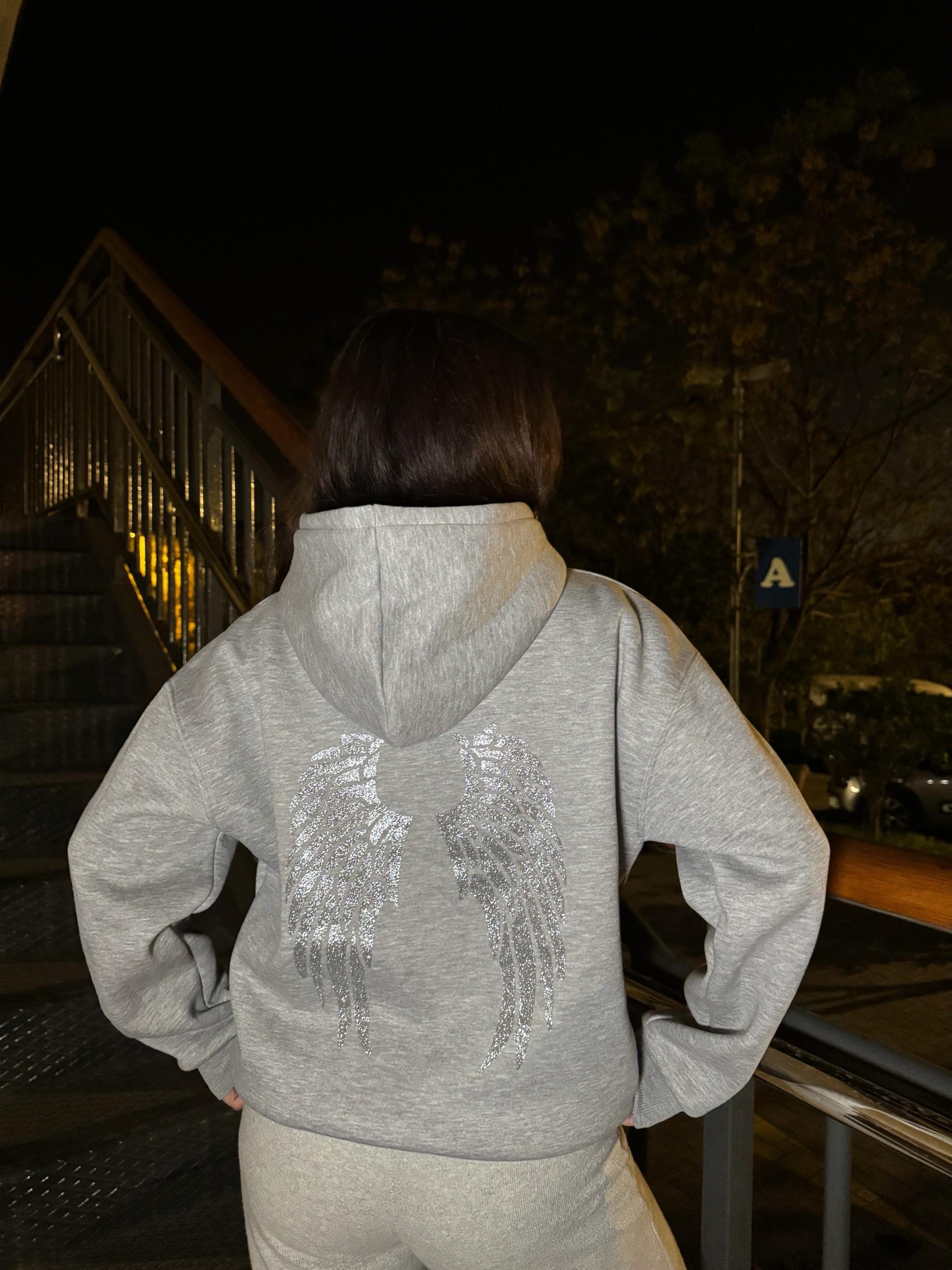 Simli Kanat Baskı Gri Sweatshirt