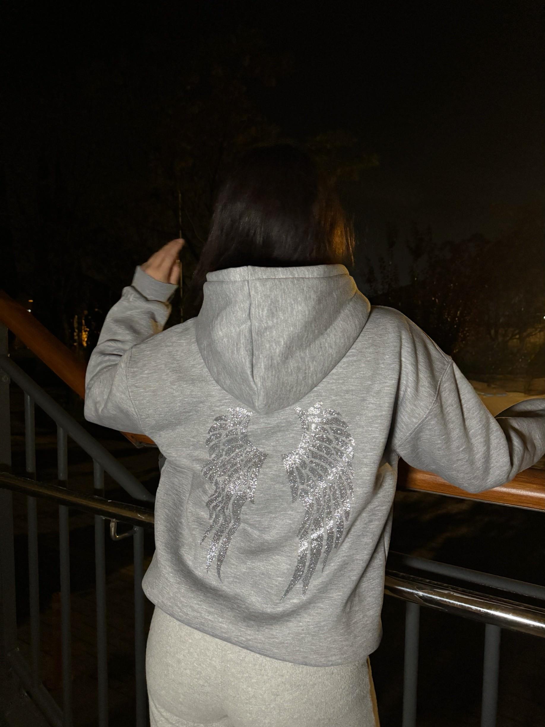 Simli Kanat Baskı Gri Sweatshirt
