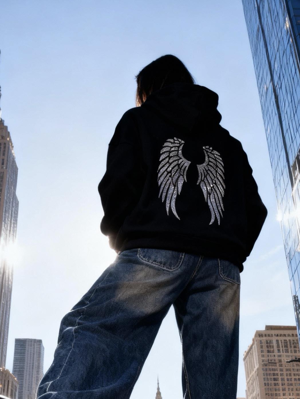 Siyah Taşlı Angel Sweatshirt
