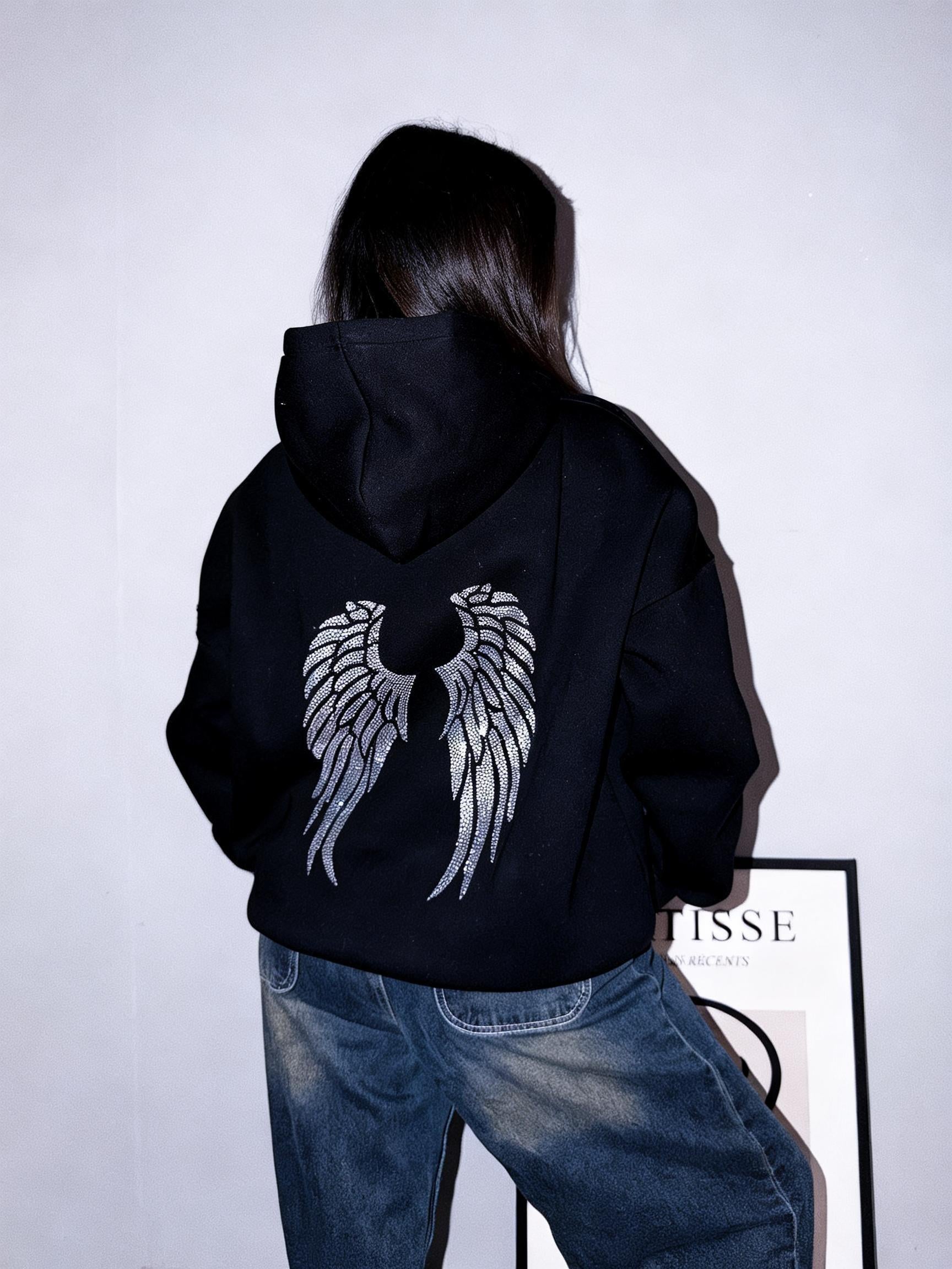 Siyah Taşlı Angel Sweatshirt